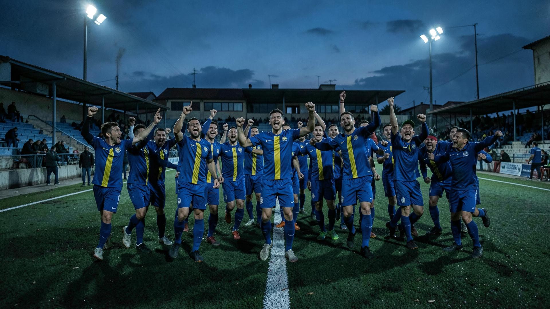Equipa do C.D. Sobrado a celebrar no Estádio Municipal de Sobrado